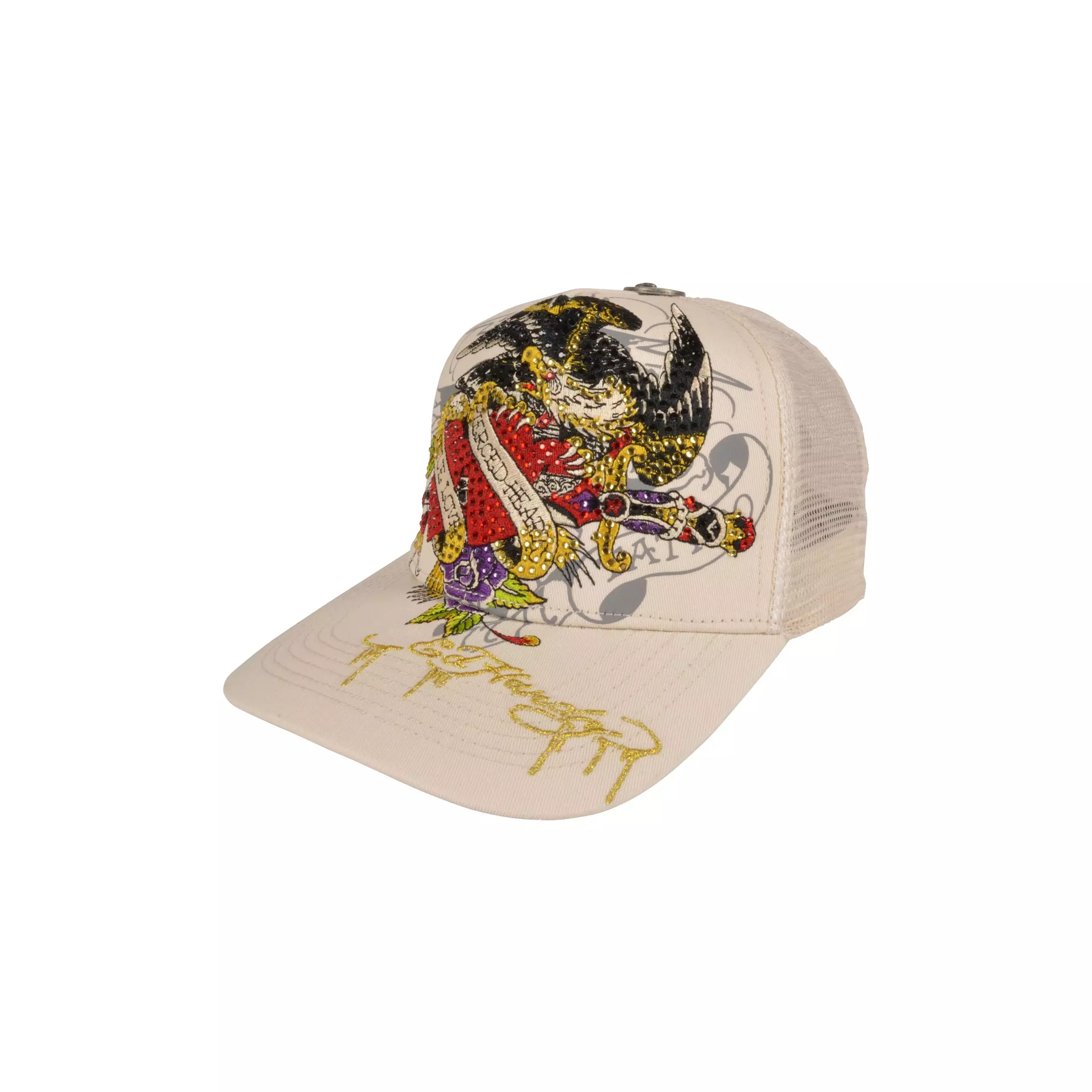 Ed Hardy Women's Trucker Rhinestone Graphic Snapback Hat - Cream